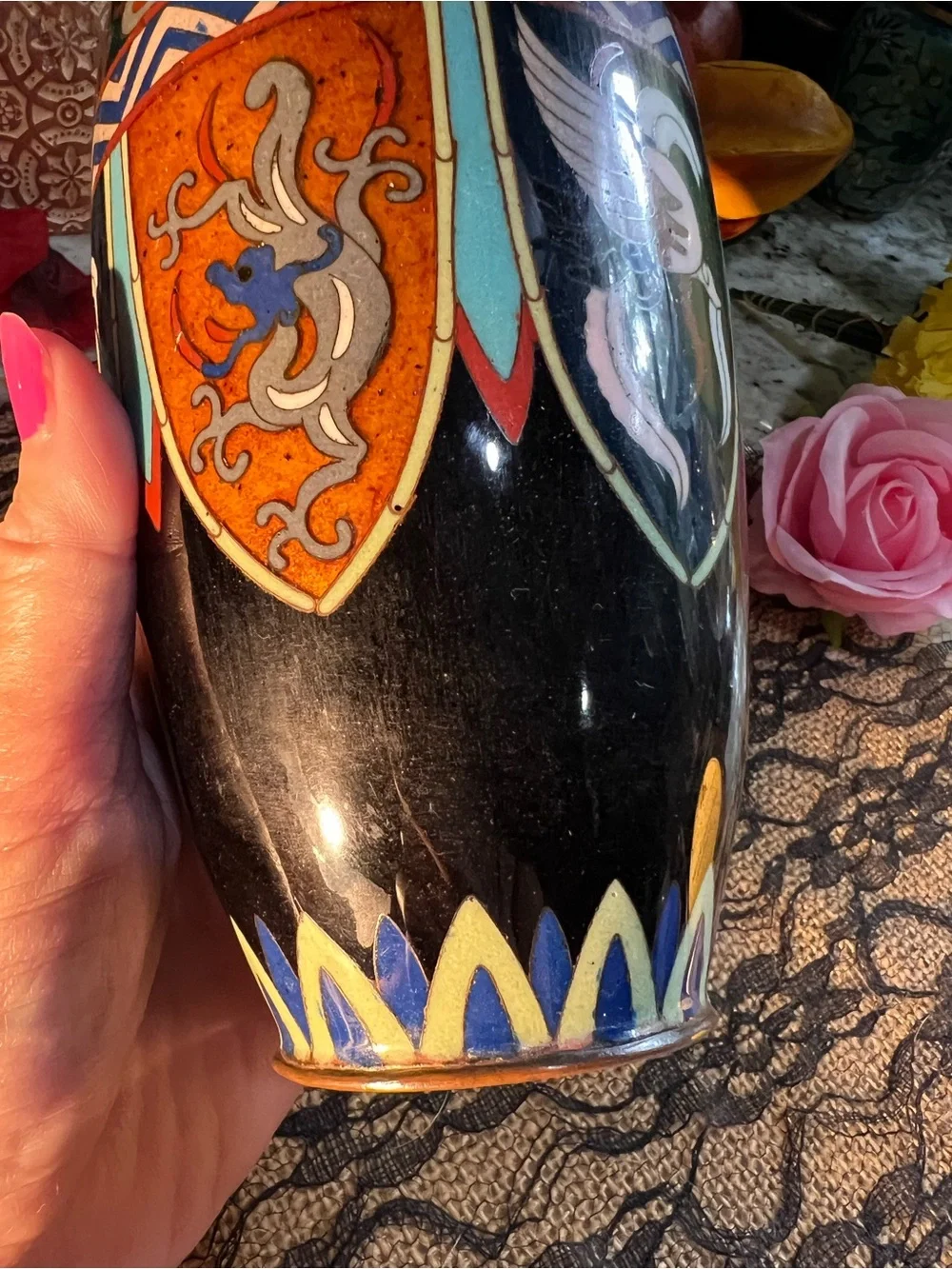 Antique Black Green Orange Cloisonné Vase no flaws